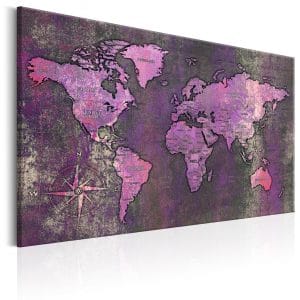 ARTGEIST Amethyst Map - Verdenskort i lilla oxideret look trykt pÃ¥ lÃ¦rred - Flere stÃ¸rrelser 60x40