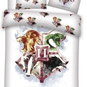 Harry Potter sengetøj - 140x200 cm - Lilla Hogwarts våbenskjold - Sengesæt 2 i 1 - Dynebetræk i 100% bomuld