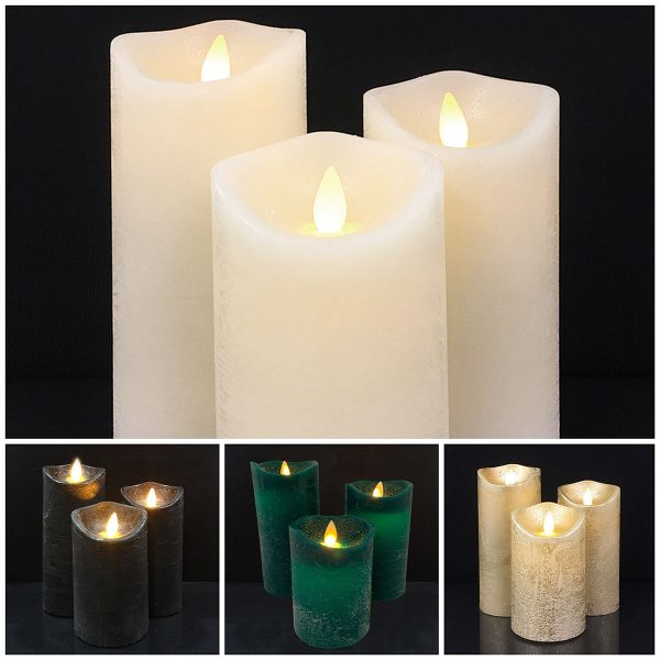 LED blok stearinlys - RUSTIK - 3 stk. - 10/12,5/15 cm - m/3D flamme - (flere farver) - Lys lilla