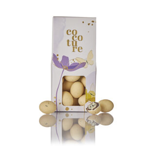 Cocoture æske i lilla med brune dragéæg - 95-100g