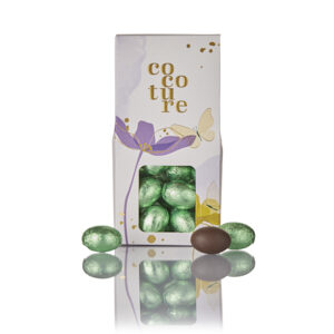 Cocoture æske i lilla med fyldte påskeæg i grøn folie - 95-100g